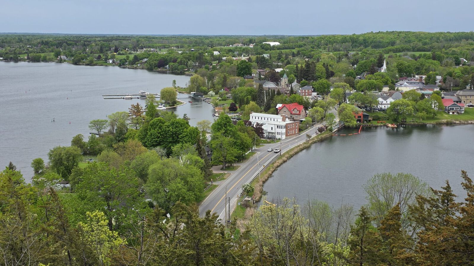 A Rideau Lakes village on the water, seen from the air